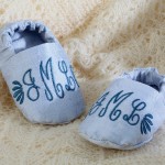 Monogrammed baby shoes created by Janome UK created on Memory Craft 12000